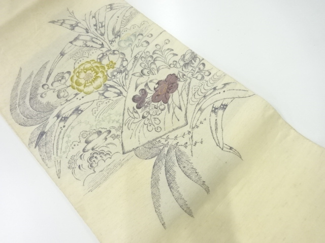 アンティーク　手織り紬菊に椿模様織出し袋帯（材料）